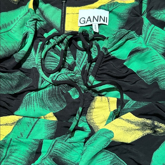 Ganni Ruched Black Banana Palm Print Midi Dress - Picture 6 of 13